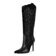 Black embroidered stiletto knee high boots