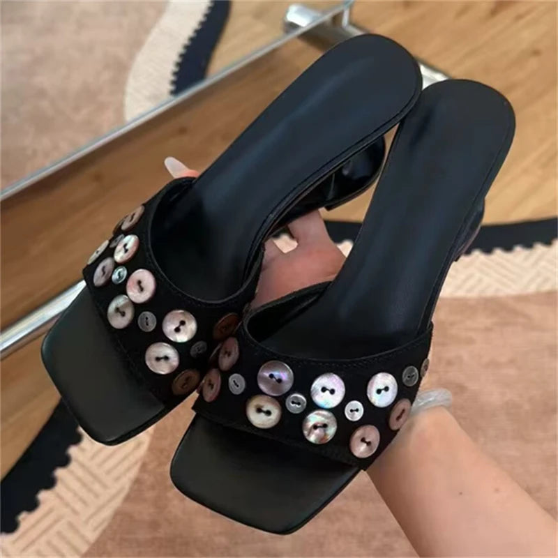 Shell button embellished square toe mule sandal