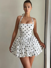 White Halter Balloon Print Polka Dot Mini Dress