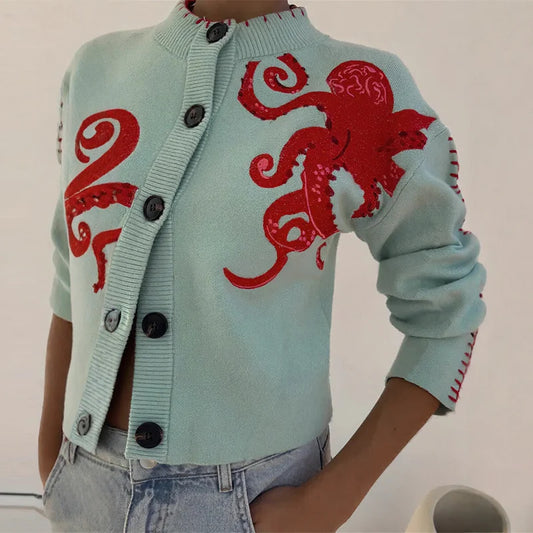 Octopus jacquard knit cardigan on a model