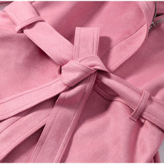 Pink Lapel Neck Belted Jacket with Slit Midi Skirt Two-Piece Set