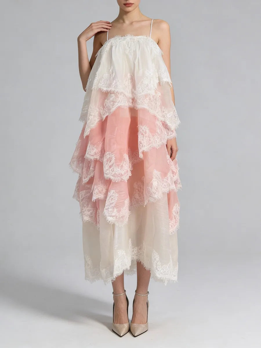 Sleeveless A-line dress with lace trim and color gradient