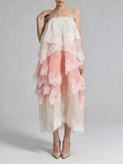 Sleeveless A-line dress with lace trim and color gradient