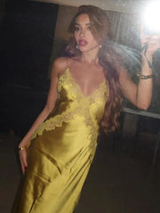 Satin Slip Lace Trim Straps V-neck Long Dress