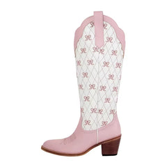 Pink Bow Quilted Knee High Cowgirl Boots