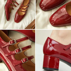 Close-up of the square toe and buckle strap detail on the retro-style Mary Jane pumps. Red ,Golden Atelier 4