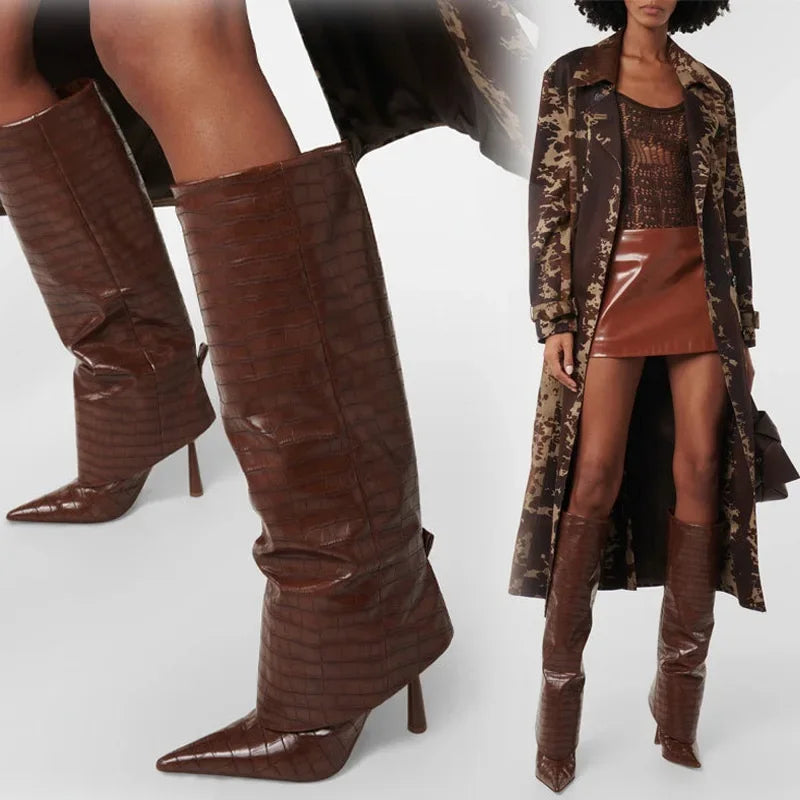 Brown pointed toe knee-high heel boots with textured PU