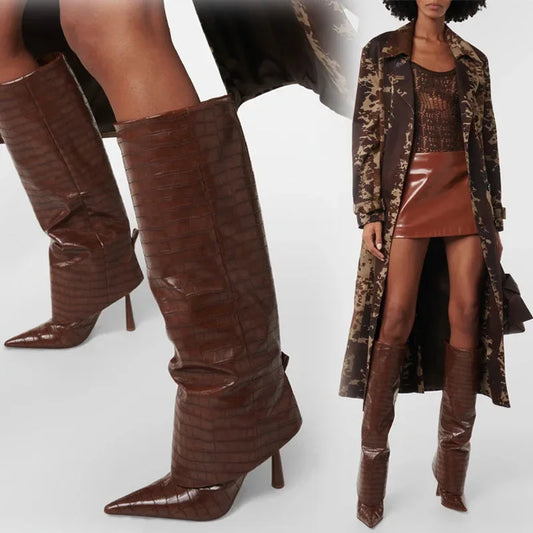 Brown pointed toe knee-high heel boots with textured PU