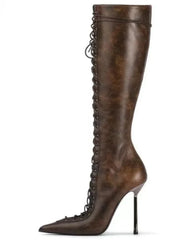 Lace Up Stiletto Heel Knee High Boots