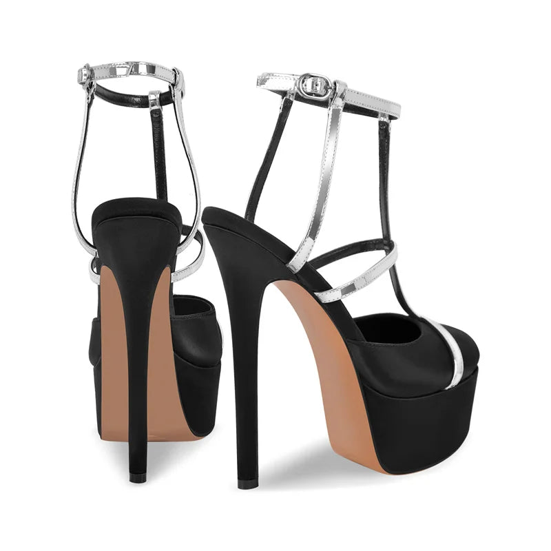 Platform T-strap stiletto sandals with silver straps - angled view