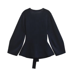 Navy Blue Long Sleeves Belted Shoulder Pads Top