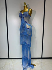 Rhinestone Tassel Mesh Strap Maxi Dress