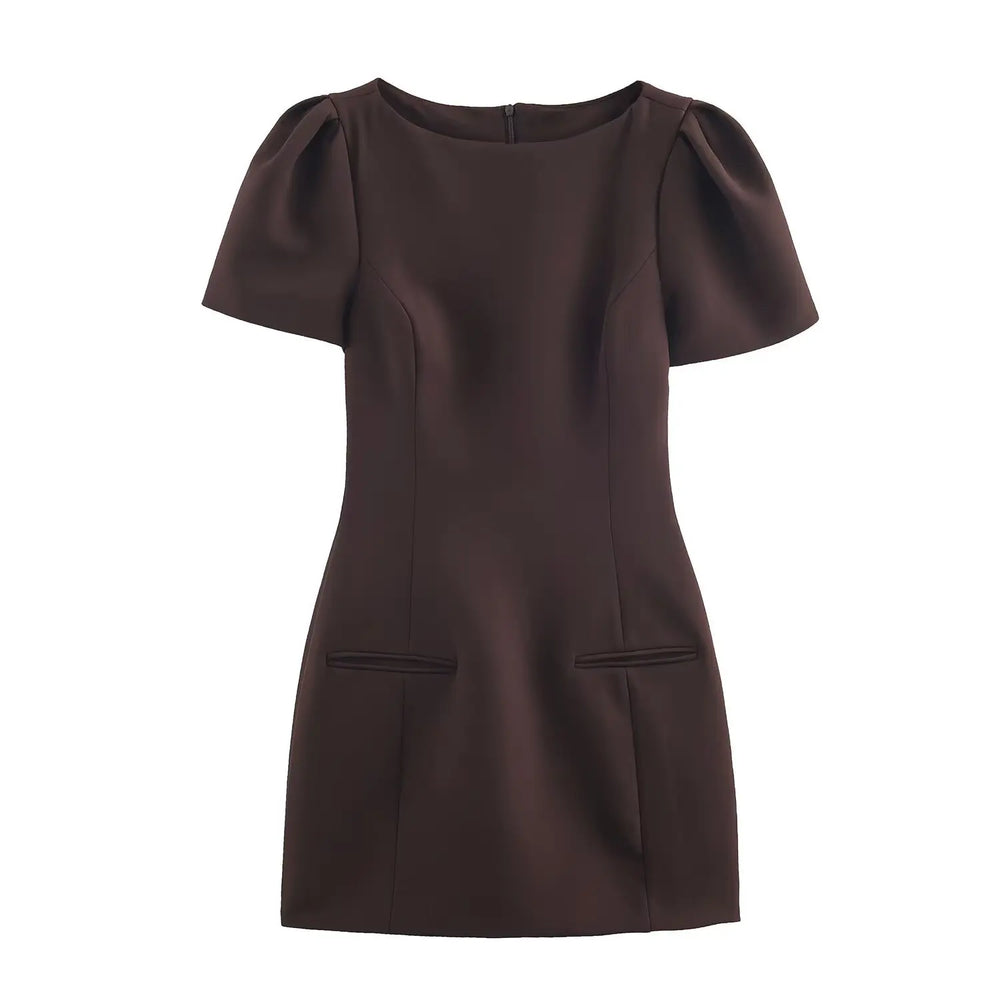Brown dress with puff sleeves on a white background