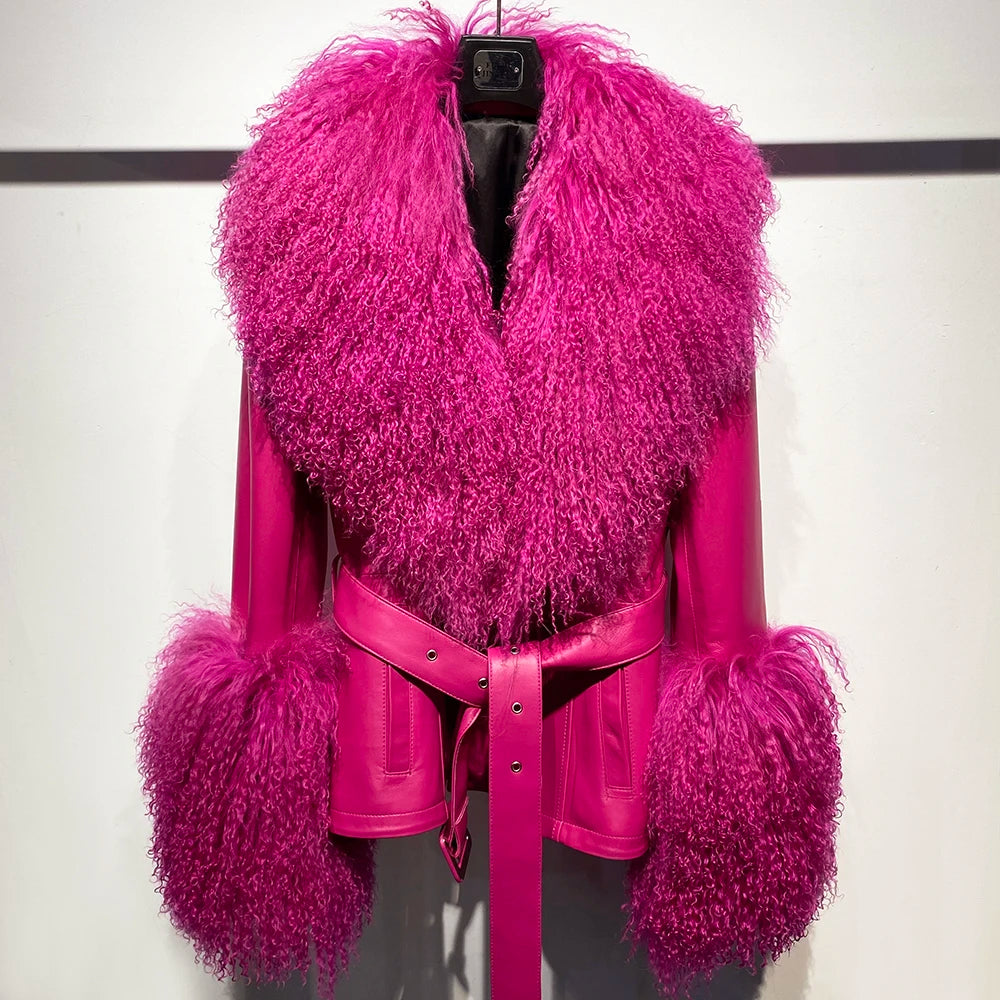 Pink furry jacket with matching pants on a mannequin against a white background