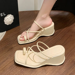 Creamy-White Wedge Platform Square Toe Sandals