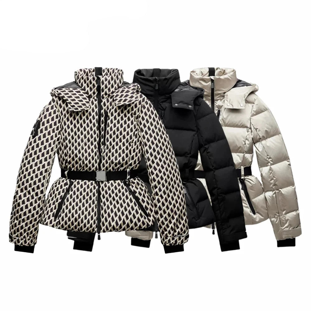 Women’s hooded down cotton jacket with a belt for warm winter wear.