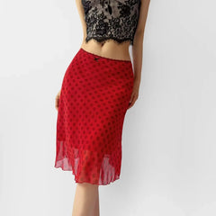 Red polka dot A-line midi skirt with frilled hem