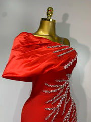 One Shoulder Diagonal Collar Beaded Long Dress