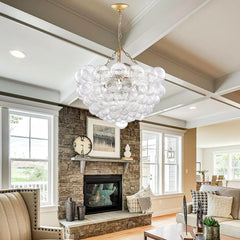 A stunning glass bubble chandelier hanging in a modern living room, creating a captivating focal point. Golden Atelier 4