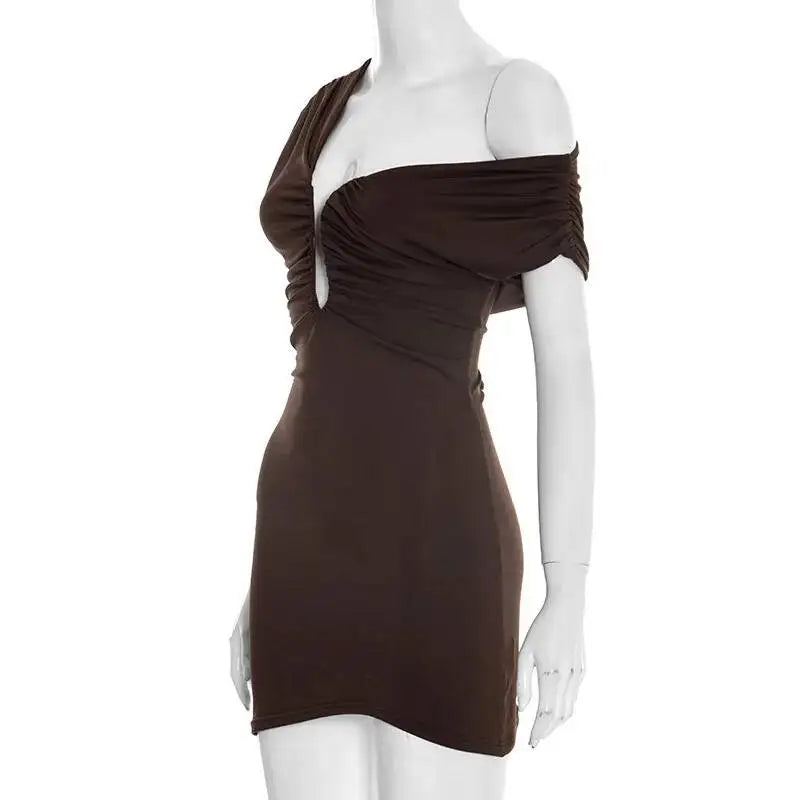 Brown off-shoulder dress on a white mannequin against a white background