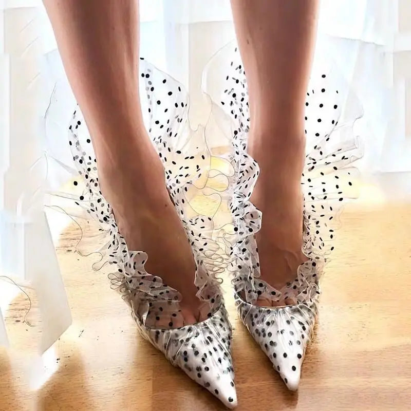Pointed Toe PVC Polka Dots Sequin Flower Lace Ruched Shoes