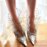Pointed Toe PVC Polka Dots Sequin Flower Lace Ruched Shoes