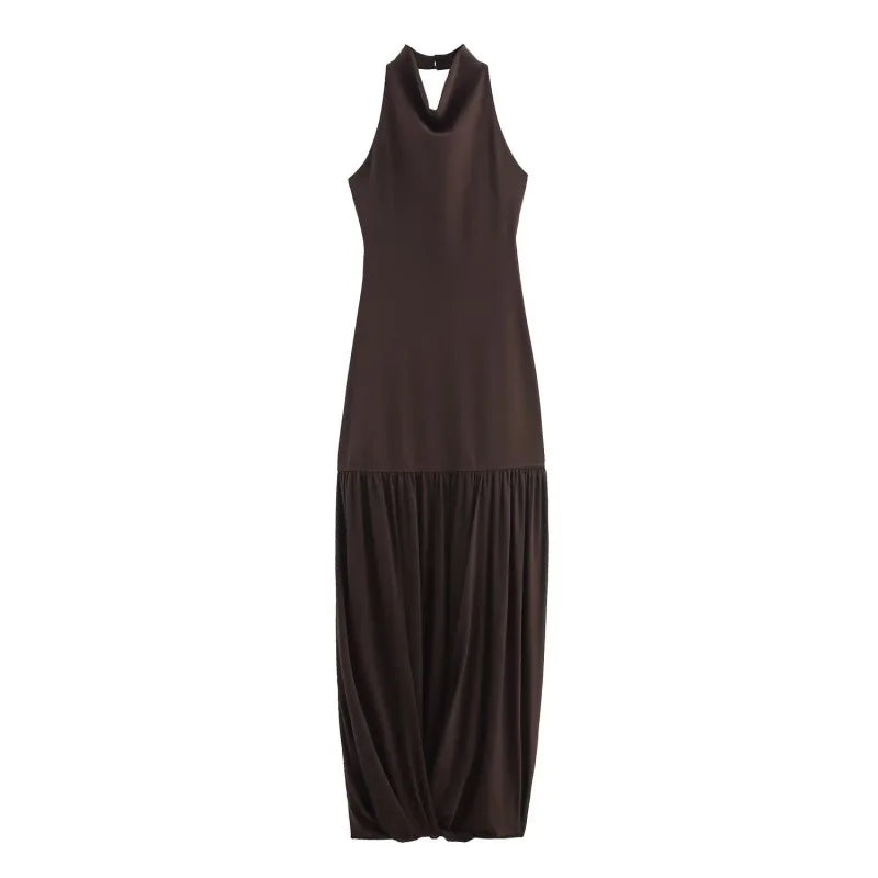 Brown halter neck dress on a white background