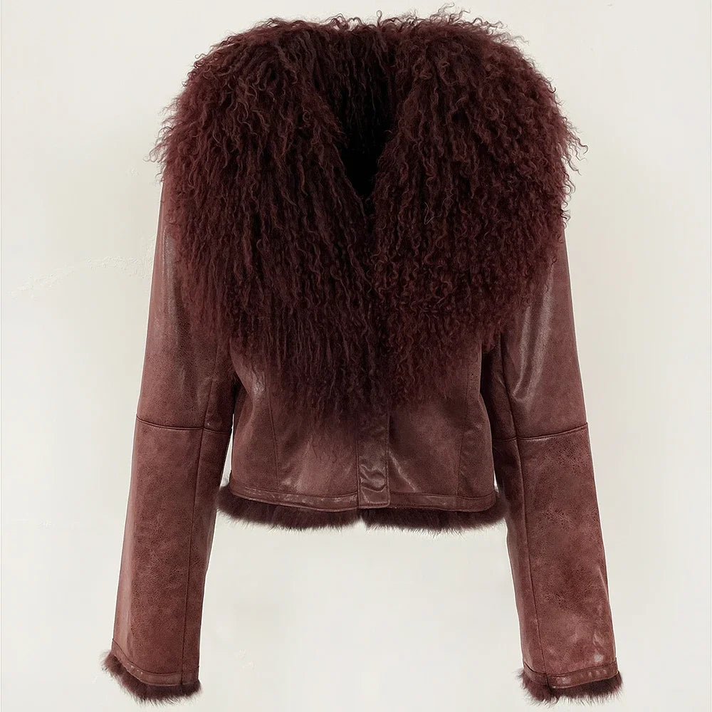 Brown leather jacket with fur collar on a white background