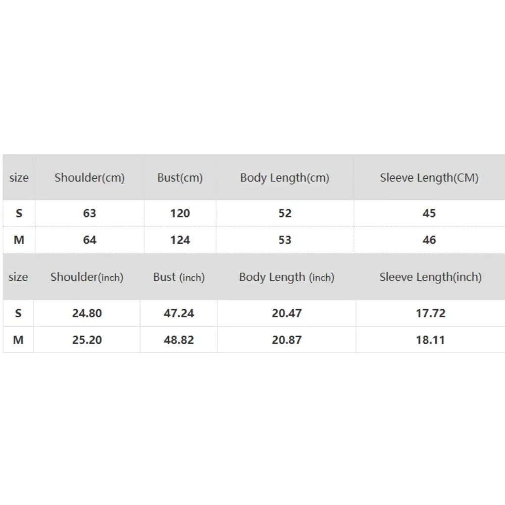 Size chart for clothing with measurements in centimeters and inches.