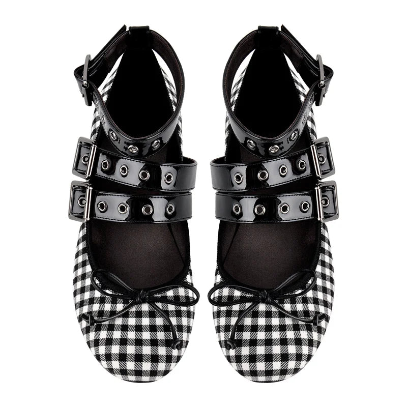 Gingham buckle strap block heel pumps top view