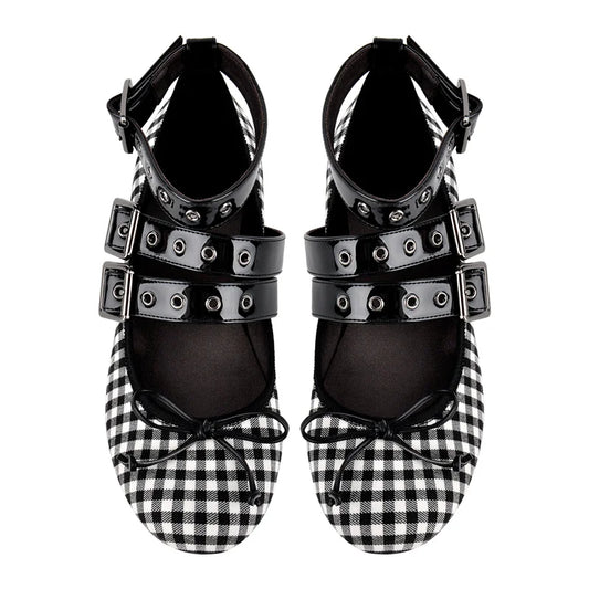 Gingham buckle strap block heel pumps top view