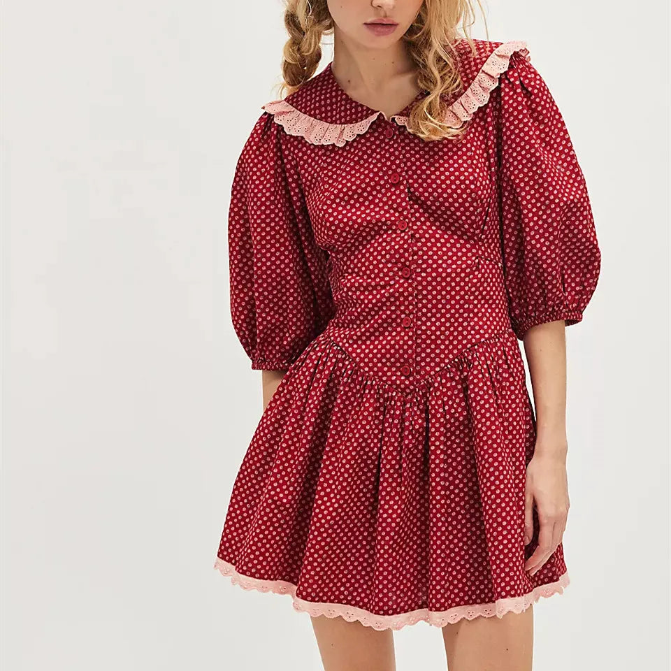 Red polka dot dress with pink lace details on a white background