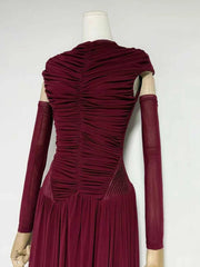 Ruched O-neck Detachable Long Sleeve Maxi Dress