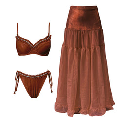 V-Neck Ruched Cut-Out Halter One-Piece Swimsuit and Maxi Skirt Set