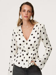 White Polka Dot Long Sleeve Button Satin Top