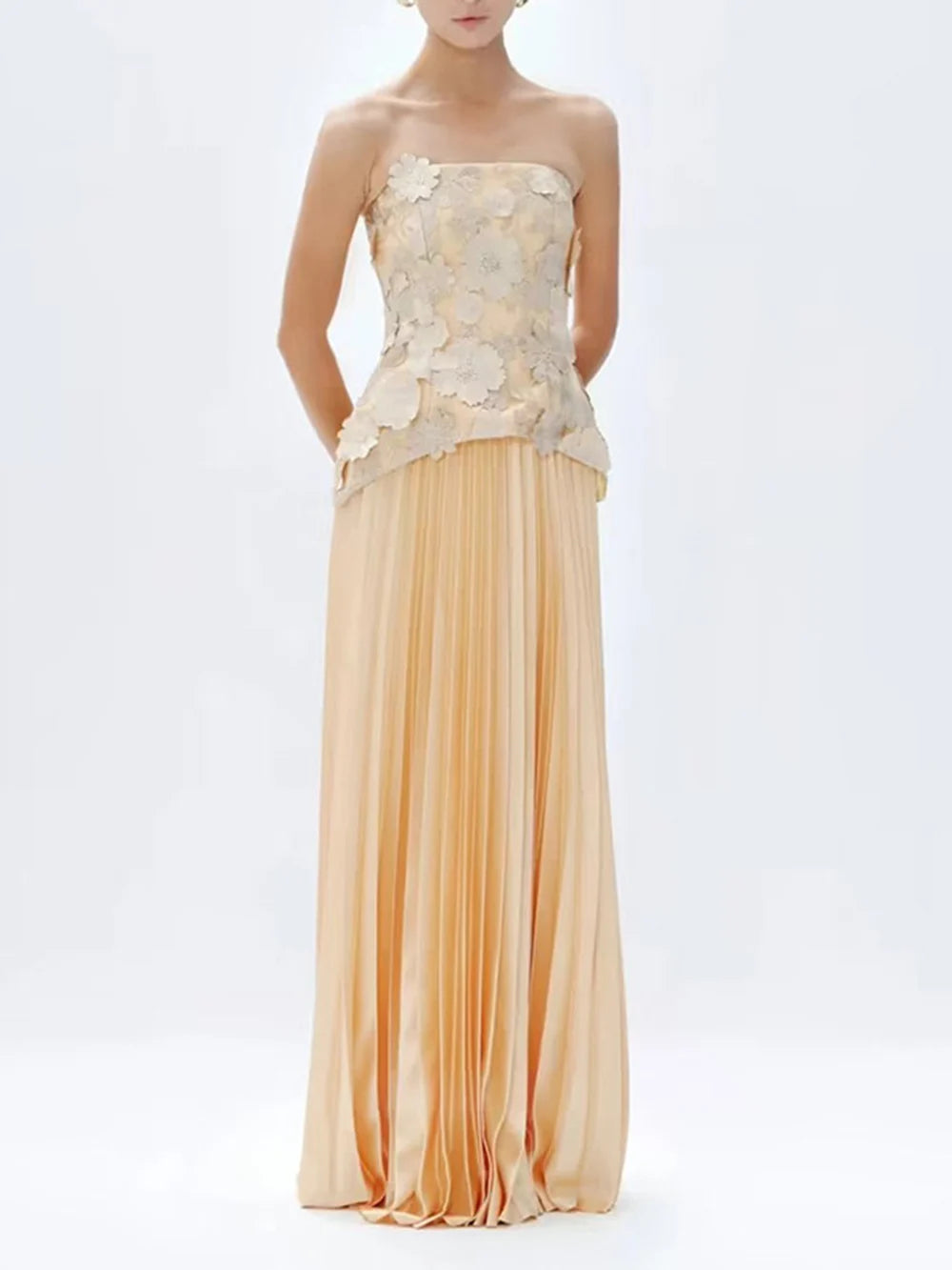 Floral strapless top and pleated skirt set