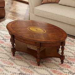 Wooden coffee table with decorative center piece in a living room setting