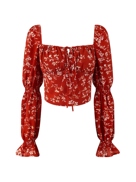 Square neck tie-front puff sleeve blouse with floral print in red