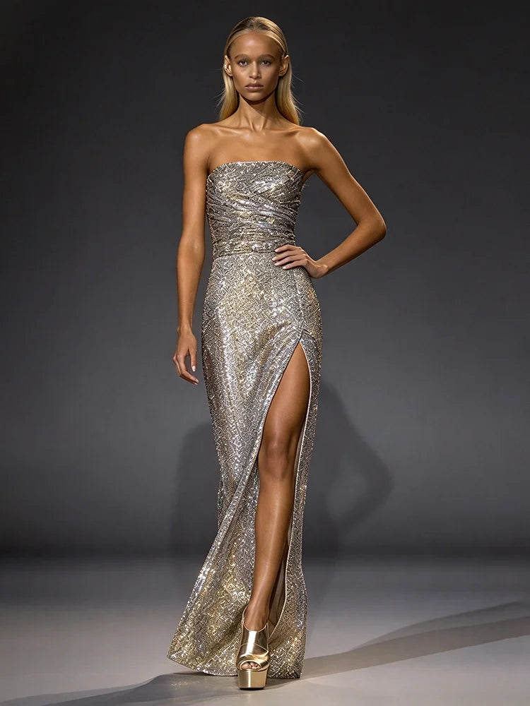 Strapless sequin high slit maxi dress