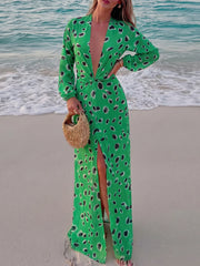 Abstract spot print V-neck maxi dress with long sleeves and high slit