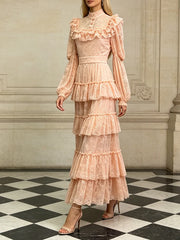 Peach ruffle lace maxi dress with long sleeves