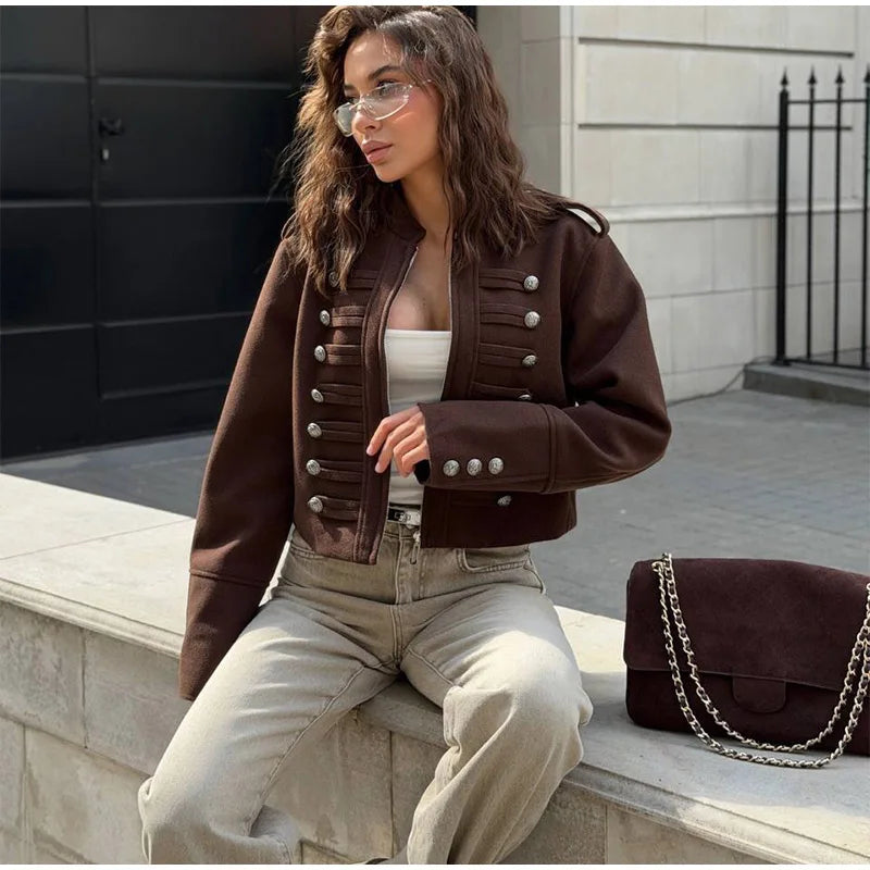 Brown military style cropped jacket with ornate buttons