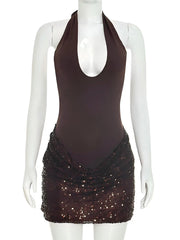 Cross Neck Ruched Sequin Mini Dress