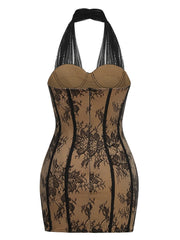 Halter Neck Floral Lace Sheath Mini Dress