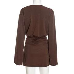 Plunge Neck Long Sleeve Ruched Mini Dress