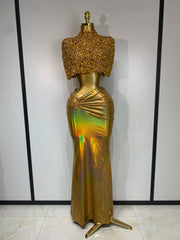 Gold holographic embellished mock neck sleeveless top and draped faux leather maxi skirt set