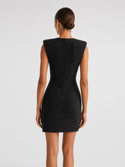 Back view of Draped Neck Mini Dress with structured shoulder and ruched skirt
