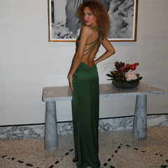 Deep V-neck Lace Patchwork Backless Satin Maxi Dress