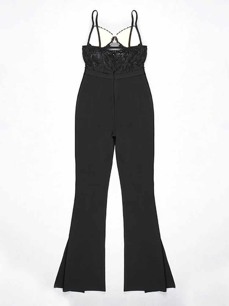 Black jumpsuit with lace detailing on a white background