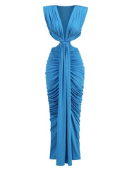 Draped Deep Neck Cut Out Folds Long Dress